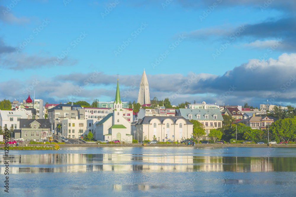 View of Reykjavik's downtown at sunset