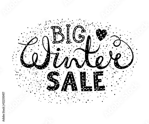 Winter big sale text lettering with heart. Seasonal shopping concept to design banners  price or label.