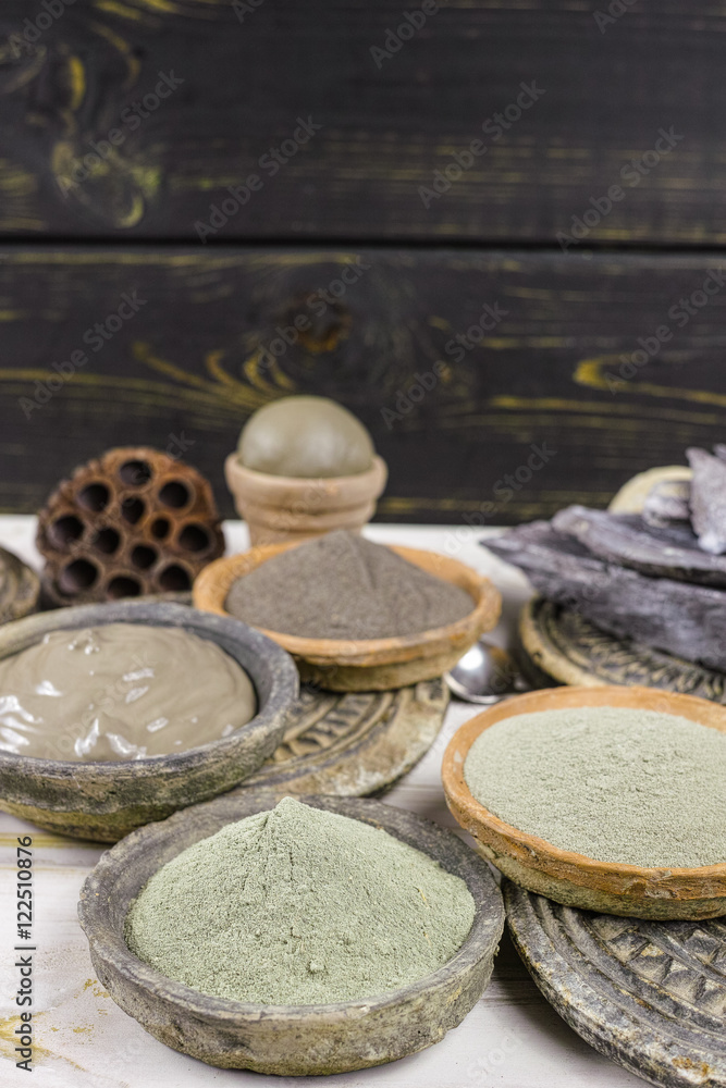 Ancient minerals - black, green, blue clay powder and mud mask 