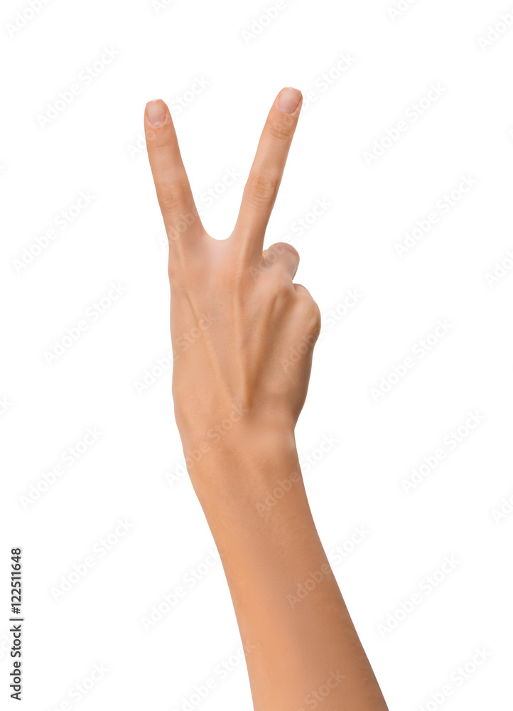 Isolated Empty open woman female hand in position of Peace Sign on a white background Isolated Empty open woman female hand in position of Peace Sign on a white background