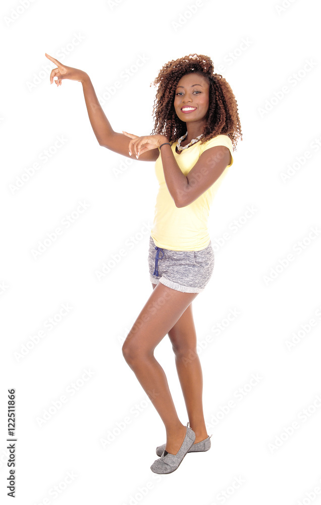 Black woman pointing with finger.