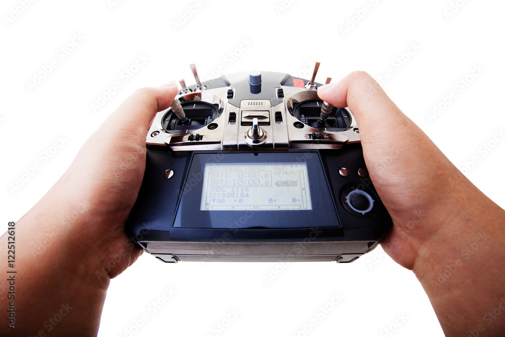 Remote control in hand man. In first person point of view isolated on white background with clipping path Remote control in hand man. In first person point of view isolated on white background with clipping path