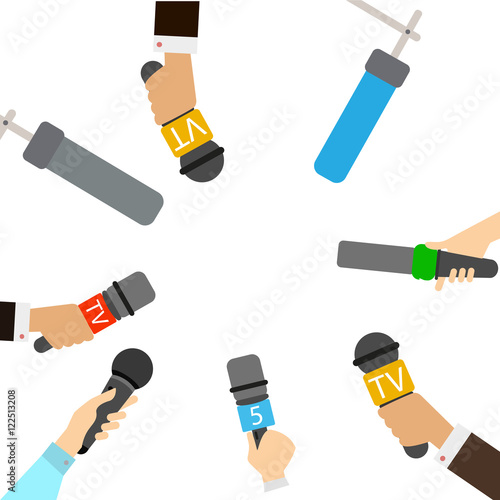 Journalists with microphones on white background. Breaking news concept. TV and radio broadcasting. Live.