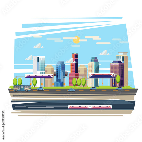 City downtown with Sky Train and Subway. car on ther road. Trans