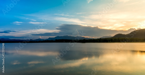 beautiful reflection of sky mountain and cloud on lake surface in evening time 