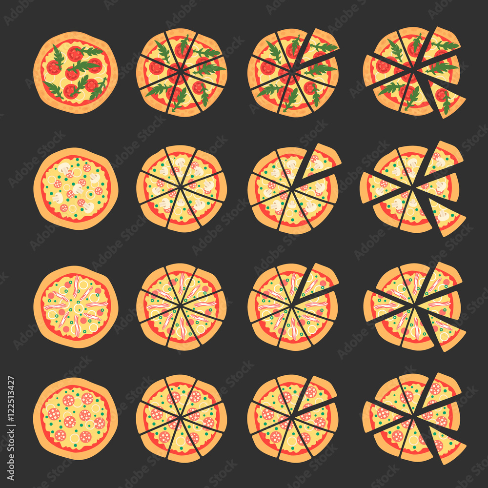 Set with different varieties of pizza. Cut slices. Margherita, shrimp, bacon, onion, tomatoes. Top view. Vector illustration. Cartoon stylized