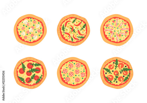 Pizzas with different toppings including Margherita, shrimp, bacon, onion, tomatoes. Top view. Vector illustration. Cartoon stylized