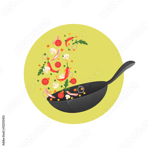Cooking process vector illustration. Flipping Asian food in a pan. Cartoon style