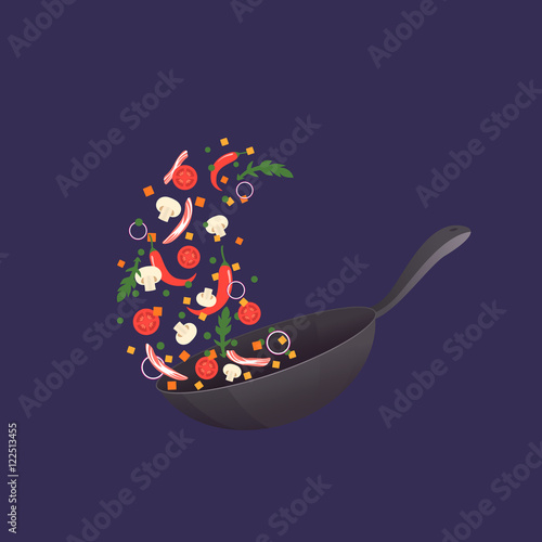 Cooking process vector illustration. Flipping Asian food in a pan. Cartoon style. Flat