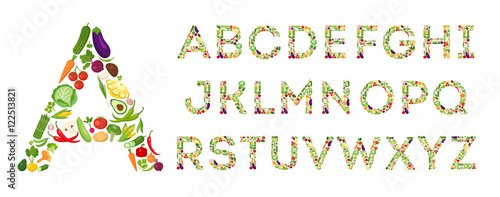 Vegetables alphabet set on white background. Fresh and ripe letters from different vegetables like eggplant, tomato, lettuce, pepper and more.