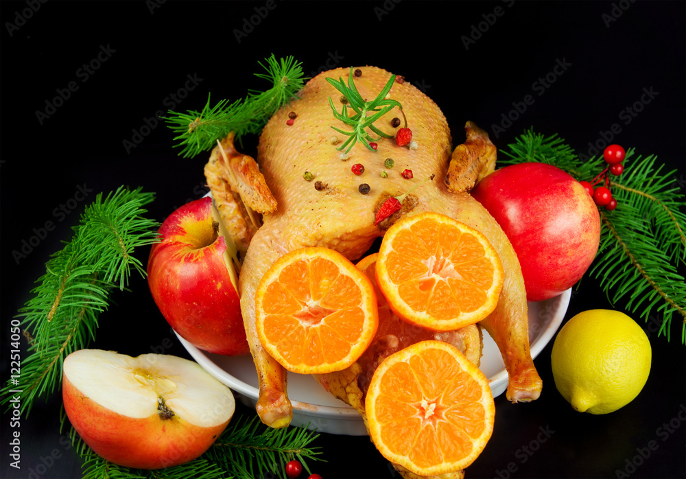 Festive Christmas duck baked with apples and mandarins Festive Christmas duck baked with apples and mandarins