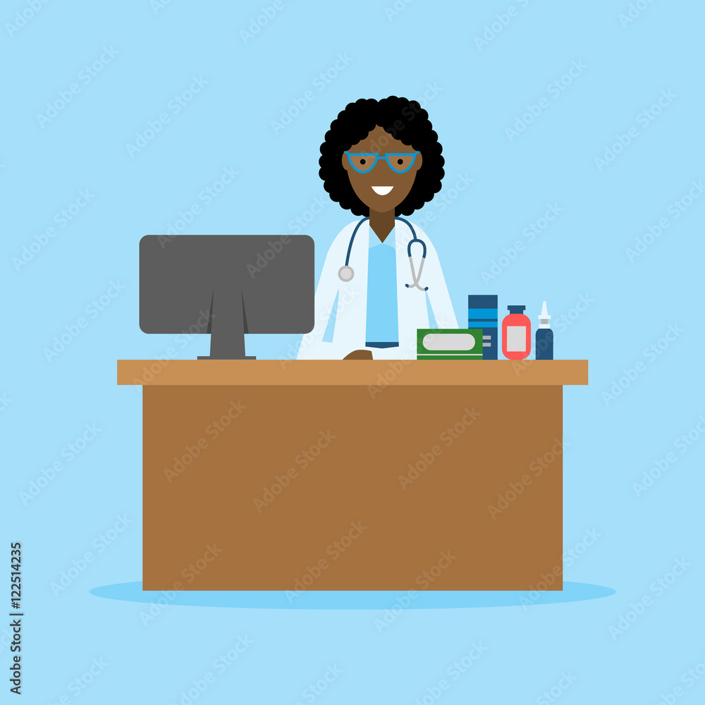 Doctor in the cabinet. Funny smiling female african american doctor sitting in the medical cabinet. Medical treatment, first aid. Doctor in the cabinet. Funny smiling female african american doctor sitting in the medical cabinet. Medical treatment, first aid.