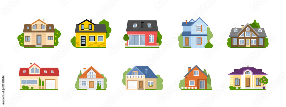 Isolated cartoon houses set. Simple suburban houses. Concept of real estate, property and ownership.