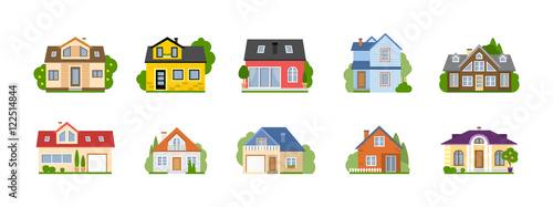 Isolated cartoon houses set. Simple suburban houses. Concept of real estate, property and ownership. photo