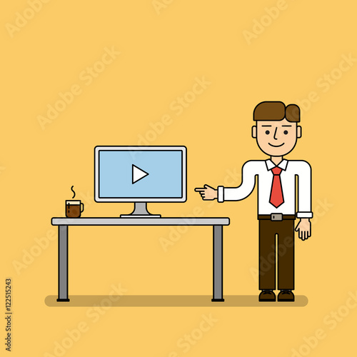 Business webinar concept. Man with coffee cup and laptop. Idea of online learning, tutoring and more. Distance instructor, teacher or student.