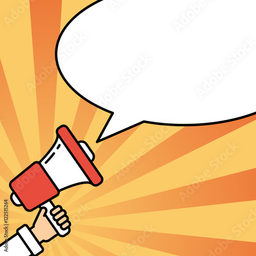 Go vote concept. Hand with megaphone on bright striped background with speech bubble. Presidential campaign.