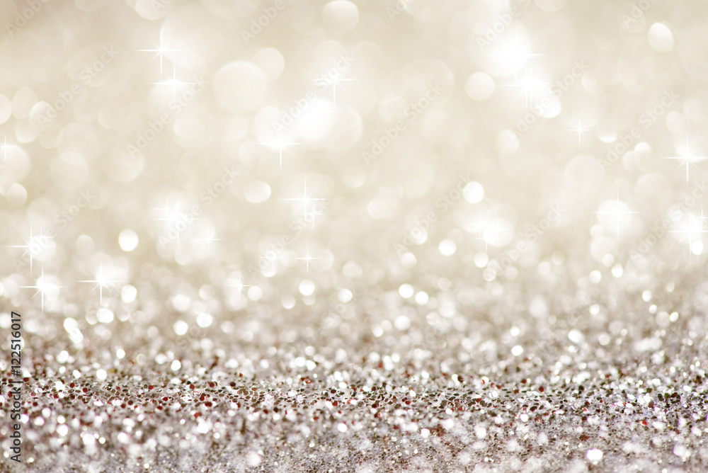 Silver white glittering Christmas lights. Festive abstract glitter bokeh background - obrazy, fototapety, plakaty 