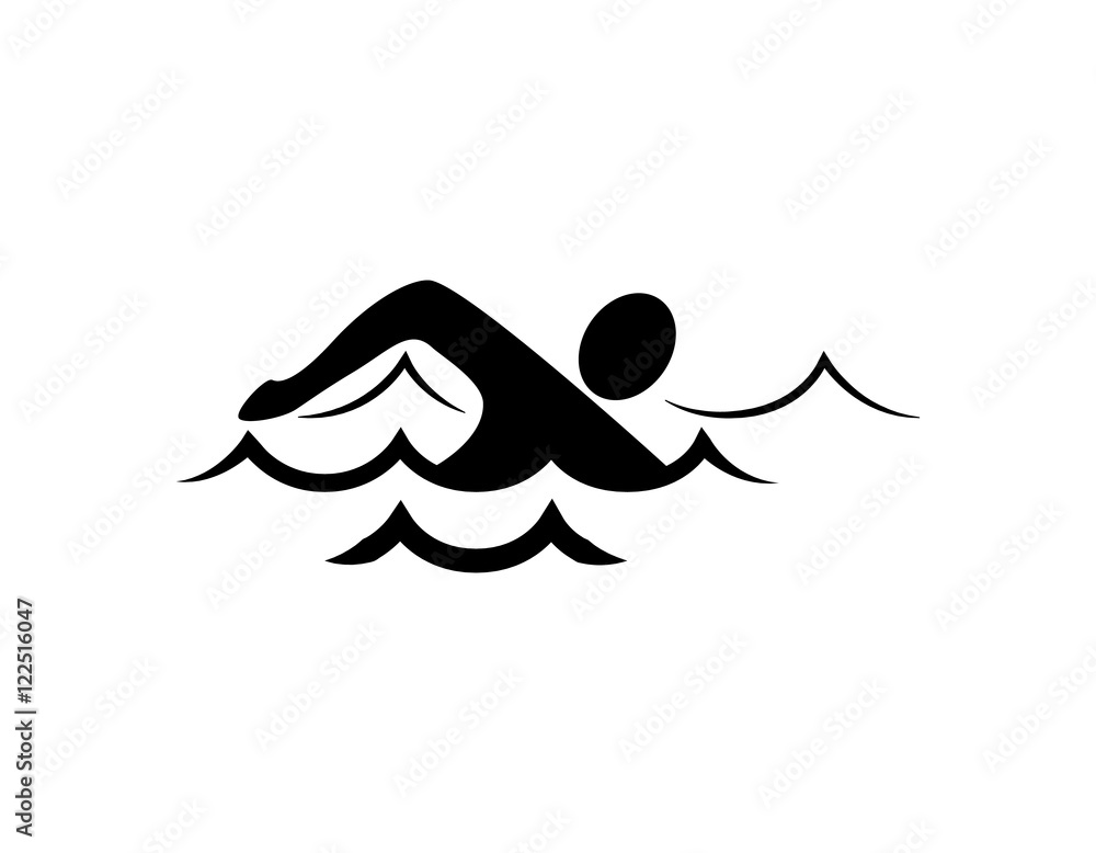 Isolated swim icon. Black silhouette of man swimming in the waves. Concept of swimming pool, summer competition and more.