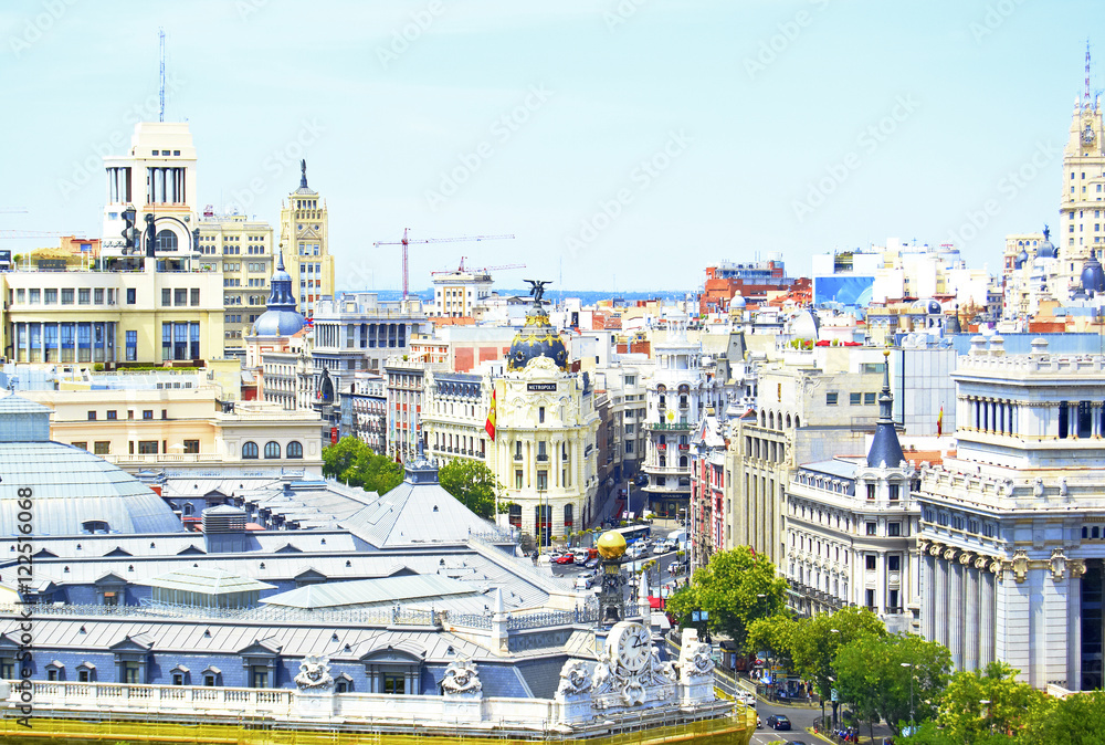 Panoramic aerial view of Gran Via street in Madrid