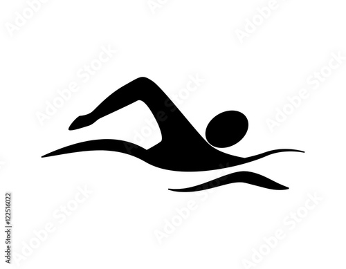 Isolated swim icon. Black silhouette of man swimming in the waves. Concept of swimming pool, summer competition and more.