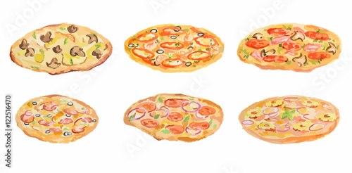 Watercolor pizza set on white background. Fresh and hot italian snack.