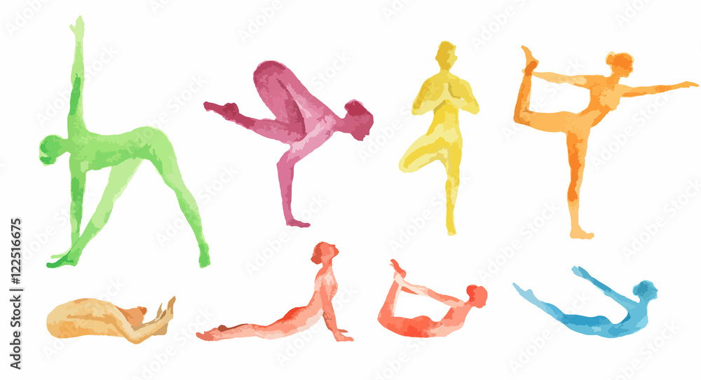 Watercolor yoga set on white background. Yoga poses, asana. Healthy lifestyle and relaxation.