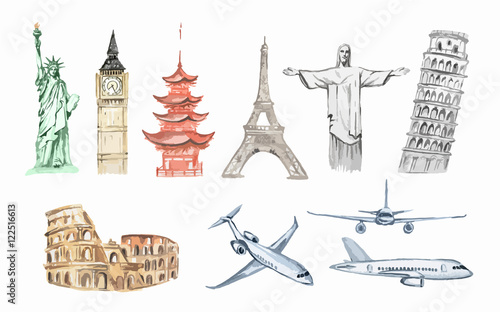 Watercolor world travel set. All sightseeing from all over the world as big ben, liberty statue, Colosseum and more. Airplanes.