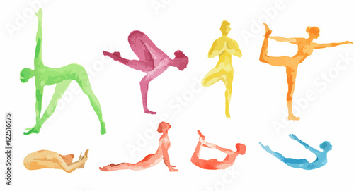 Watercolor yoga set on white background. Yoga poses  asana. Healthy lifestyle and relaxation.