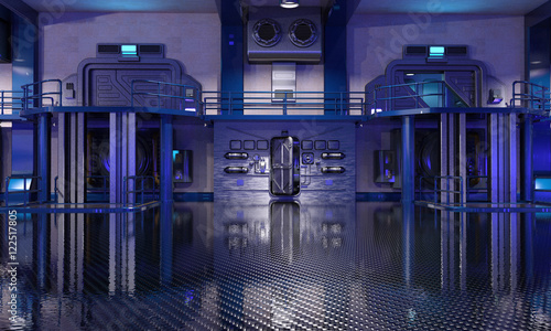 3d render of Sci-Fi hangar blue interior background illuminated with blue neon lights