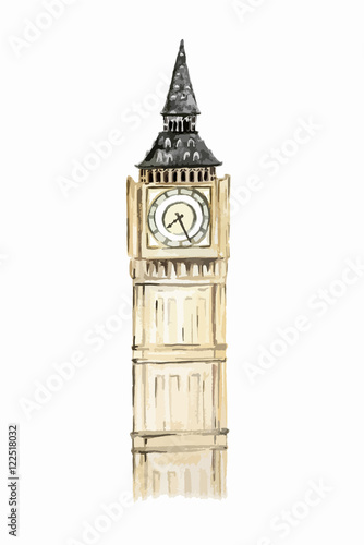 Isolated watercolor big ben on white background. Symbol of England. Famous historical building.