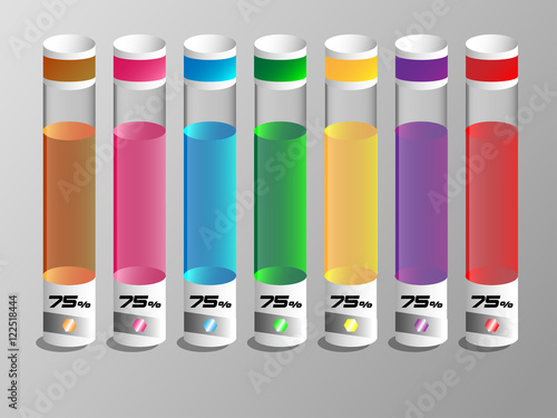 Colorful liquid in a glass tubes with 75 percent.