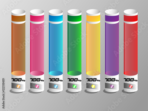 Colorful liquid in a glass tubes with 100 percent.