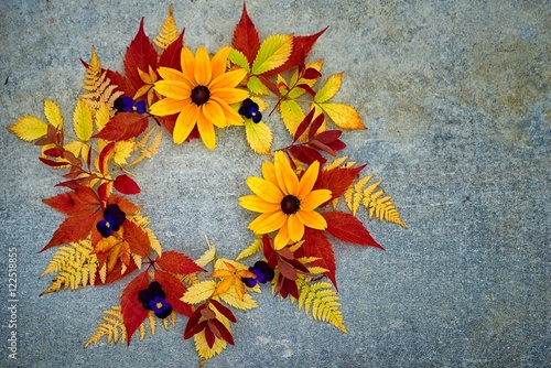 Autumn flowers and leaves wreath top view, with copy space for your text in the middle and in a side
