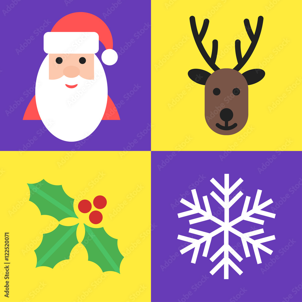 Christmas holiday symbols - santa, deer, holly and snowflake in flat style. Christmas holiday symbols - santa, deer, holly and snowflake in flat style.