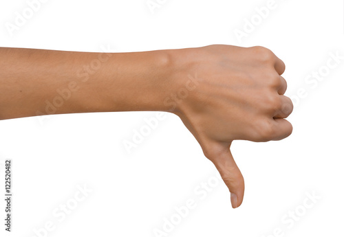 Isolated Empty open woman female hand in a Thumb Down position on a white background