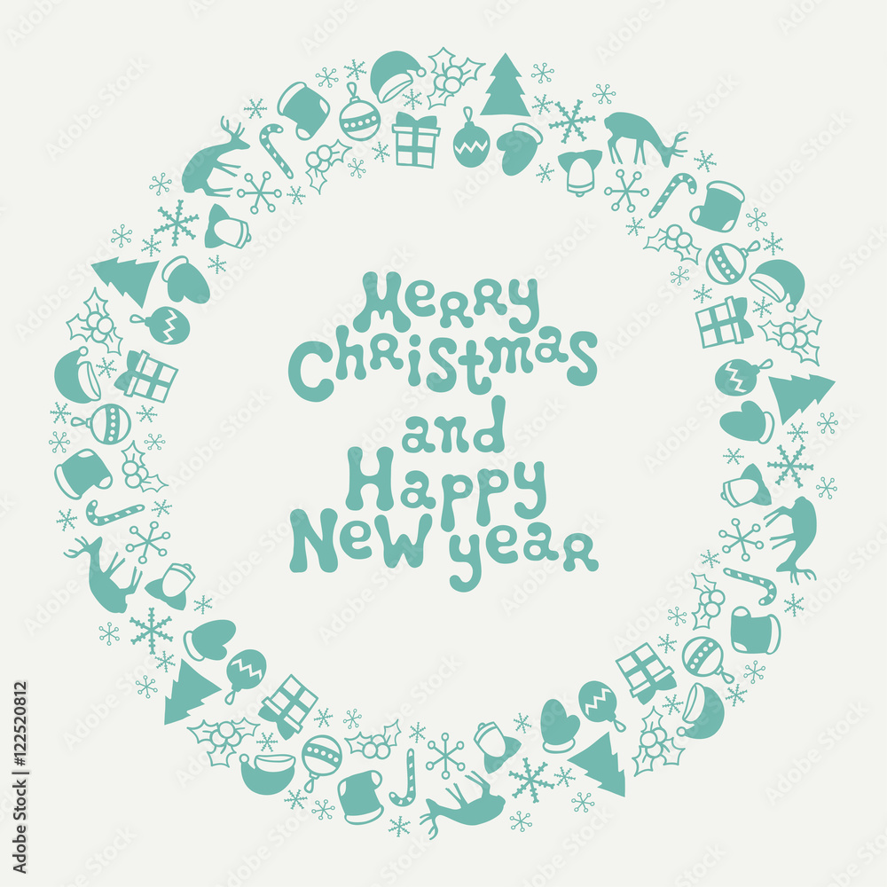 Merry Christmas and Happy New Year lettering greeting card 2017. Christmas season hand drawn pattern. Vector illustration. Doodle style. Decorations. Winter holiday backgrounds for design. Frame