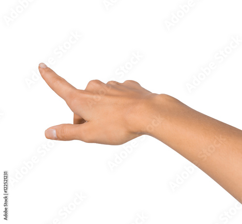 Isolated Empty open woman female hand in a pointing position on a white background © nickitavanat