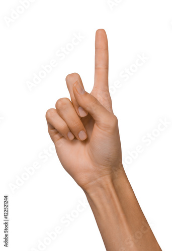 Isolated Empty open woman female hand in a position of number One on a white background