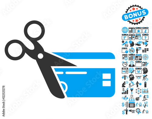 Cut Credit Card icon with bonus calendar and time management pictures. Vector illustration style is flat iconic bicolor symbols, blue and gray colors, white background.