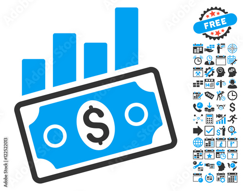 Sales Bar Chart pictograph with bonus calendar and time management images. Vector illustration style is flat iconic bicolor symbols, blue and gray colors, white background.
