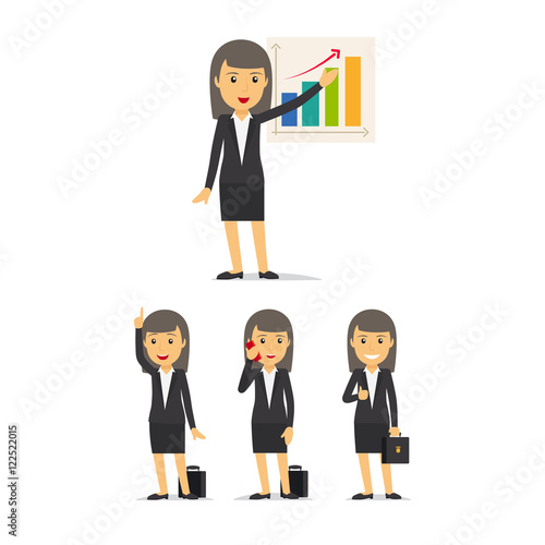 Businesswoman characters in different poses on white background vector set