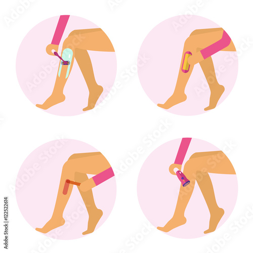 Flat design vector illustration of hair removal types. Beautiful female legs with waxing or strips, hot wax, shaving razor and epilator. Body care, health and beauty icons concept.