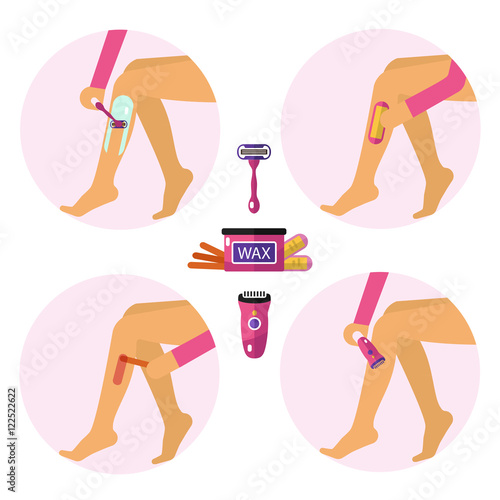 Flat design vector illustration of hair removal types. Beautiful female legs with waxing or strips, hot wax, shaving razor and epilator. Body care, health and beauty icons concept.