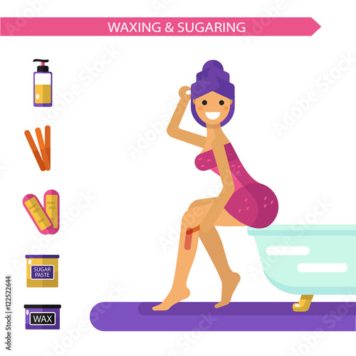 Vector flat design illustration of epilation or depilation procedure. Beautiful smiling girl in towels depilating legs with hot wax or sugar. Bottle sugaring, wax strips icons.