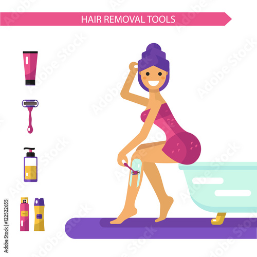 Vector flat design illustration of epilation or depilation procedure. Beautiful smiling girl in towels depilating legs with razor. Shaving foam and gel bottles, cream icons.
