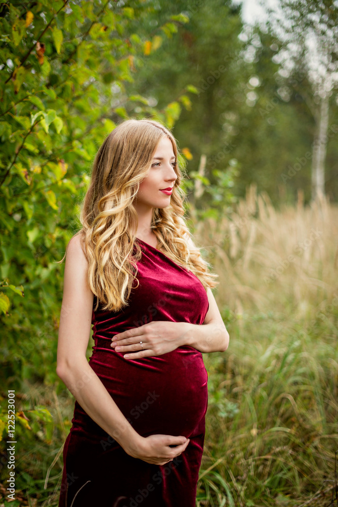Portrait of a young beautiful pregnant woman with long blond hair in a burgundy velvet dress Portrait of a young beautiful pregnant woman with long blond hair in a burgundy velvet dress