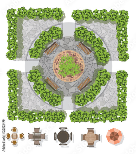 Landscape design composition with top view gardening and furniture for the garden.vector illustration