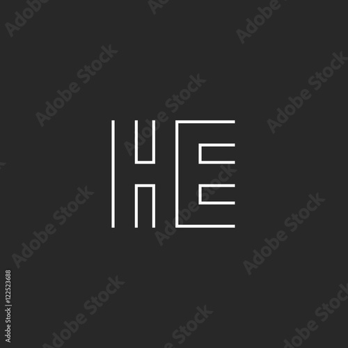 Hipster capital letters HE logo combination symbols, couple Initials H E thin line style, black and white EH conjunction business card simple emblem