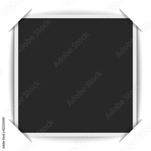 Realistic blank photos square shape inserted in a photo album. Instant photograph mockup is cut under the corners of the white paper scrapbook page. Presentation background.