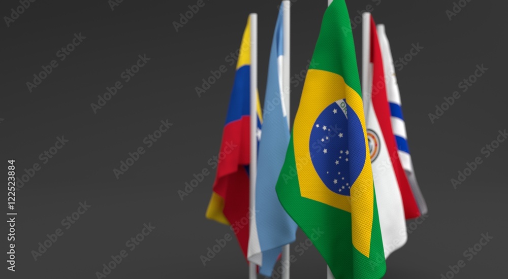 Fototapeta premium illustration 3d render, Flags of the five countries of the Mercosul economic bloc